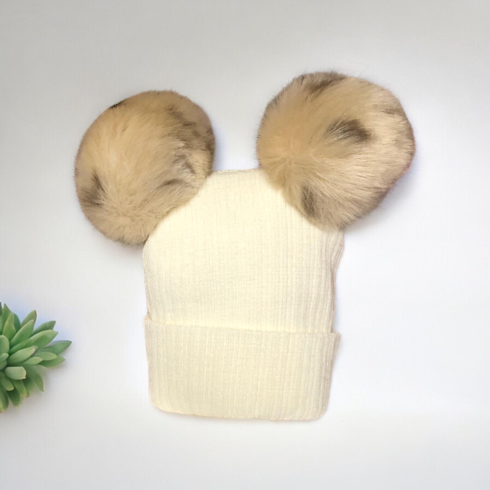 Cream Faux Fur Knitted Double Pom Pom Bobble Hat Littlelucys