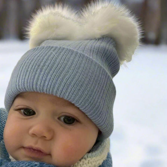 Blue Faux Fur Baby Knitted Double Pompom Hat