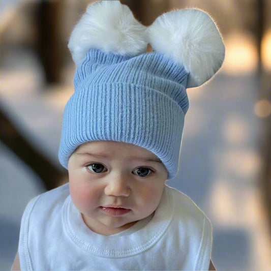 Personalised Faux Fur Blue Knitted Double Pompom Hat