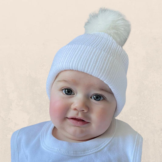 Personalised Faux Fur White Knitted Single Pom Pom Baby Bobble Hat