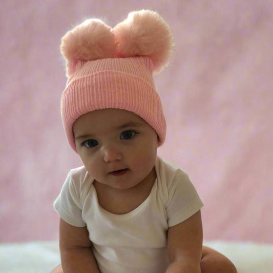 Pink Faux Fur Baby Knitted Double Pompom Hat