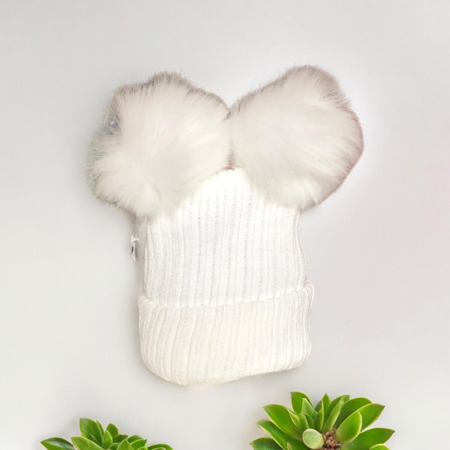 White Faux Fur Knitted Double Pom Pom Baby Bobble Hat