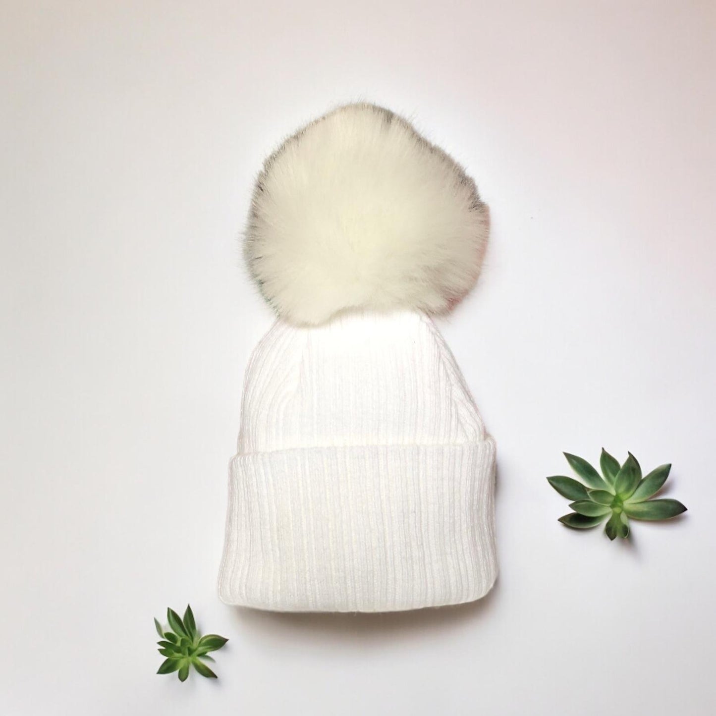 Ivory Faux Fur Knitted Single Pom Pom Baby Hat